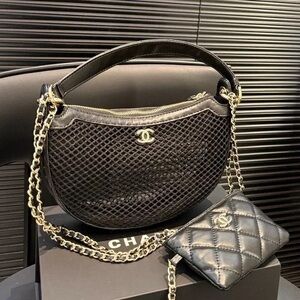 CHANEL Black Mesh Shoulder Bag with Gold Chain